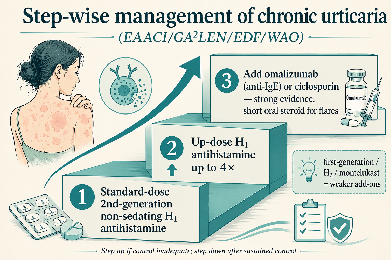 Figure 4 — Step-wise management of chronic urticaria (EAACI/GA²LEN/EDF/WAO)