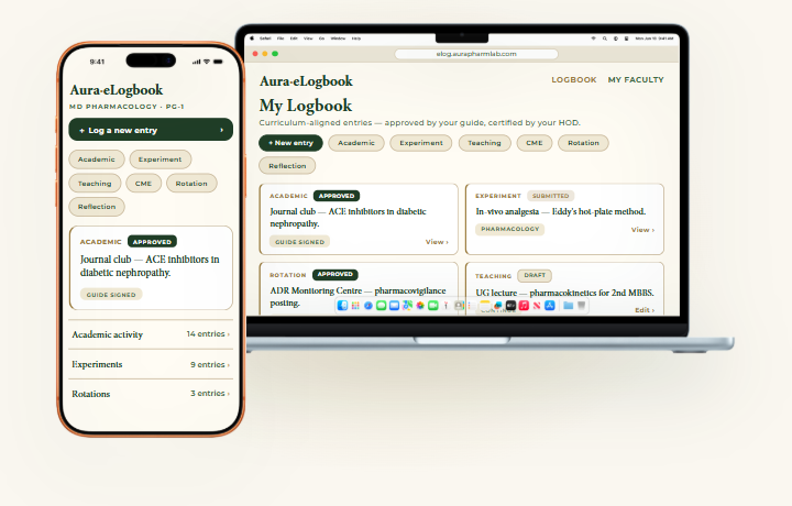 The eLogbook on a phone and a laptop, showing an example MD Pharmacology logbook: entries filed by category, each marked approved, submitted or draft.