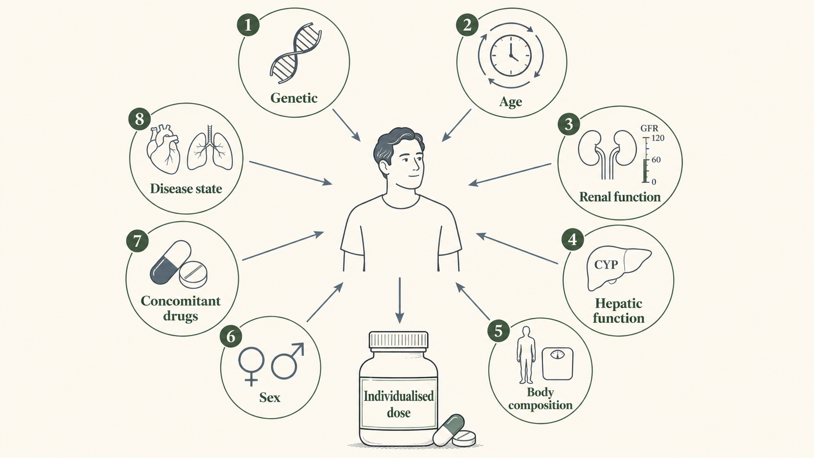 Figure 1 — Eight factors (genotype, age, renal, hepatic, body composition, sex, concomitant drugs, disease state) converge on the individualised dose.
