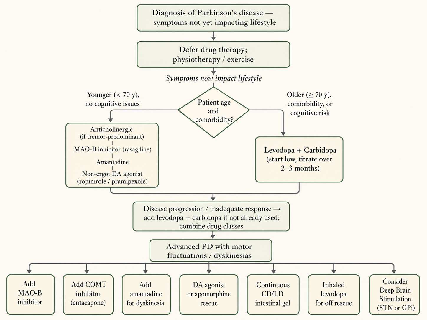 Figure 3 — Stepwise pharmacological approach to PD: pre-pharmacologic measures → MAO-B / amantadine / anticholinergics → DA agonist (younger) or LD/CD (older) → adjuvants for motor fluctuations → device-aided therapy or DBS in advanced disease.
